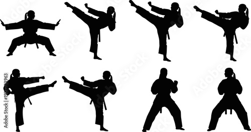 Karate martial arts silhouettes collection, female fighter kicking punching training vector illustration isolated design set for self defense sport