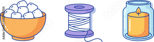 Household items vector illustration set, bowl, thread spool and candle jar, home object collection isolated design icons