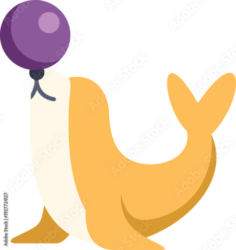 Cartoon sea lion performing circus trick, balancing a purple ball on its nose