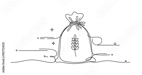 Minimalist line art of grain sack with wheat design on white background. No editable strokes