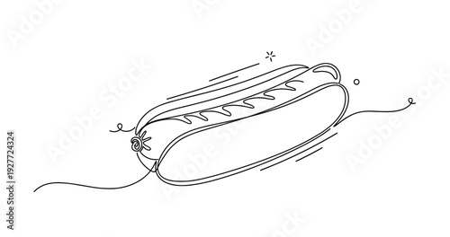 Outline drawing of a hot dog with mustard and artistic details. No editable strokes