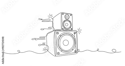 Abstract sketch of sound waves emanating from stack of speakers. No editable strokes