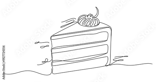 Minimalist one-line slice of cake with whipped cream topping. No editable strokes