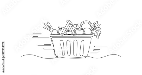Line art drawing of a basket filled with fresh vegetables and fruits. No editable strokes