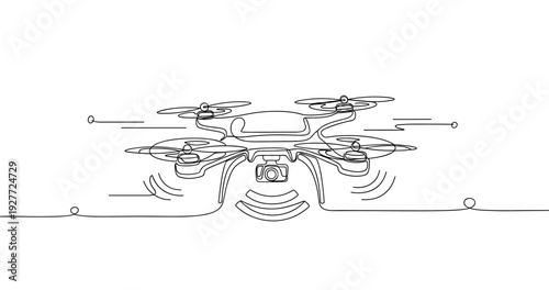 Continuous line drawing of a drone with camera and motion lines illustrating flight, no editable stroke