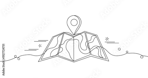 Minimalist line art map with location pin and abstract topography, no editable stroke