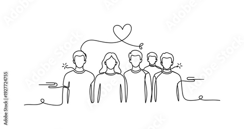 Line art group of diverse people connected by heart symbol, no editable stroke