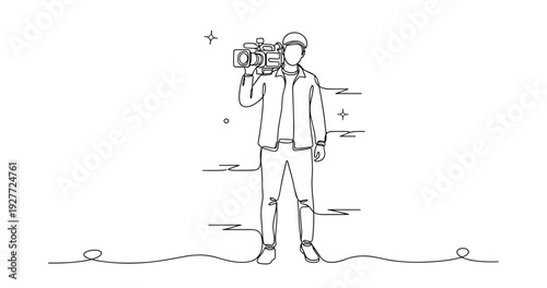 Male videographer with camera in minimalist line art, no editable stroke