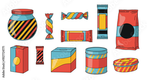 A colorful illustration of various wrapped candies and sweets in different shapes