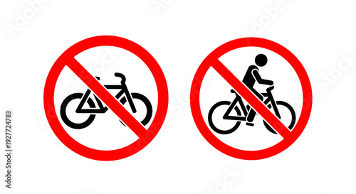 Collection of two distinct prohibition signs indicating no bicycles allowed on paths sidewalks or certain areas demanding immediate compliance from cyclists