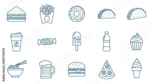 A set of food icons in a minimalist line art style