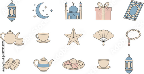 Ramadan and Eid Mubarak pastel icon set featuring lantern, crescent moon, mosque, gift box, prayer beads, tea set and traditional sweets vector illustration
