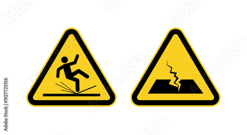 Essential warning symbols showing risk of slipping and warning about hazardous ground instability for public safety signage and construction areas