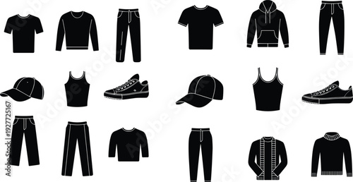 Streetwear clothing icons set, casual fashion apparel silhouettes collection, hoodies pants shoes caps outfits, modern urban style vector illustration