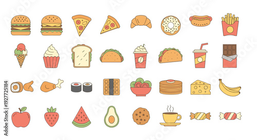 A colorful vector graphic illustration of various food icons and symbols
