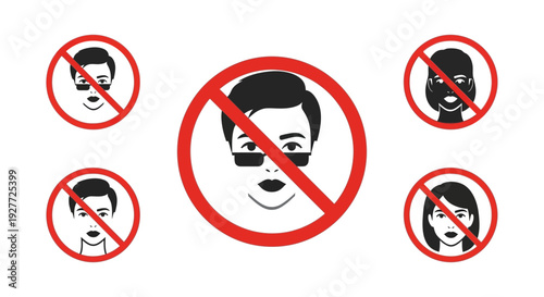 Prohibitory icon set clearly indicating various prohibited facial recognition profiles including individuals wearing sunglasses, different genders, and diverse skin tones across the image composition.