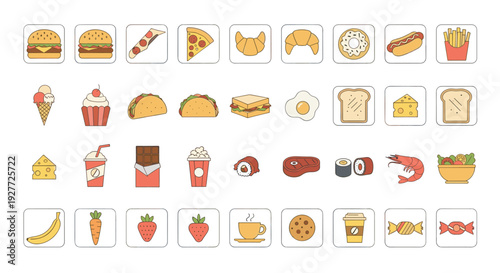 A colorful vector graphic illustration of various food icons on a white background