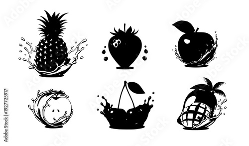 Fresh fruit splash 3D vector icons pineapple mango strawberry apple cherry juice isolated on white background