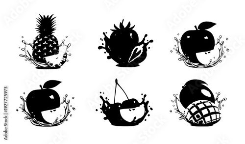 3D fruit juice vector icon set pineapple strawberry apple cherry mango with splash isolated on white