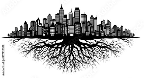 Vector silhouette of a city skyline with deep underground roots, symbolizing urban foundations, metropolitan heritage, and hidden city infrastructure.