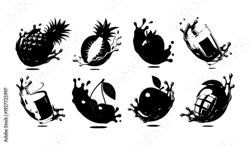 Premium 3D fruit juice vector icon collection with splash effect isolated on white