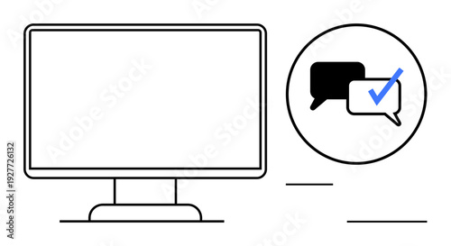 Blank computer screen and message bubbles with checkmark highlight messaging, technology interaction, and online communication. Ideal for social media, productivity, notifications, digital tasks