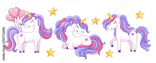 Set of unicorns in cartoon style on white background