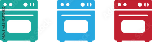 Colorful oven icons in green, blue, and red for kitchen design