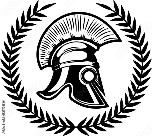 A black and white vector illustration of a Spartan or Greek warrior helmet enclosed in a laurel wreath. A powerful minimalist silhouette for sports or security logos.