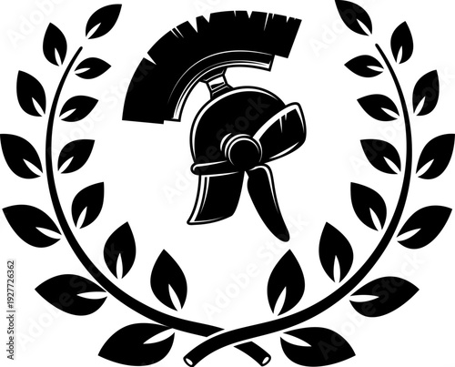 A black and white vector illustration of a Spartan or Greek warrior helmet enclosed in a laurel wreath. A powerful minimalist silhouette for sports or security logos.
