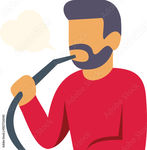 Flat icon illustration of a man with a beard smoking a hookah or shisha pipe