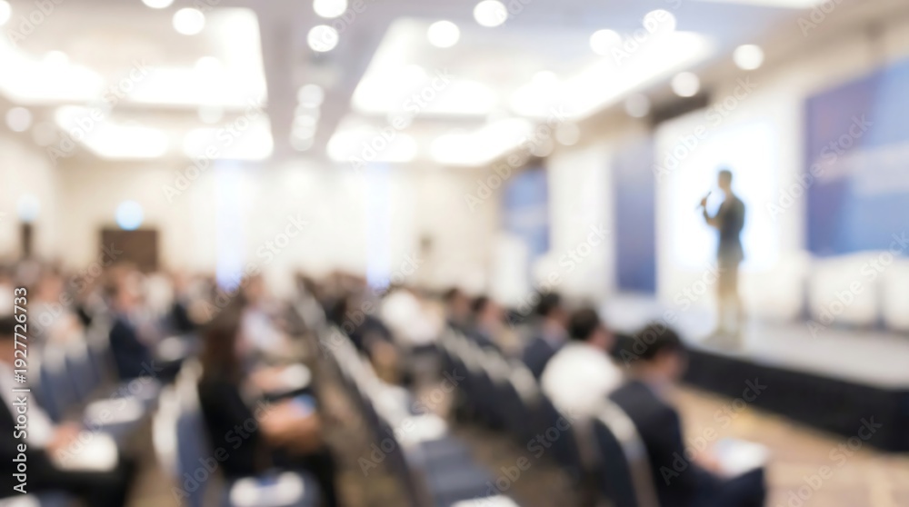 Fototapeta premium A dynamic, blurred image of a speaker engaging a large seated audience from a raised stage at a significant business conference or seminar.