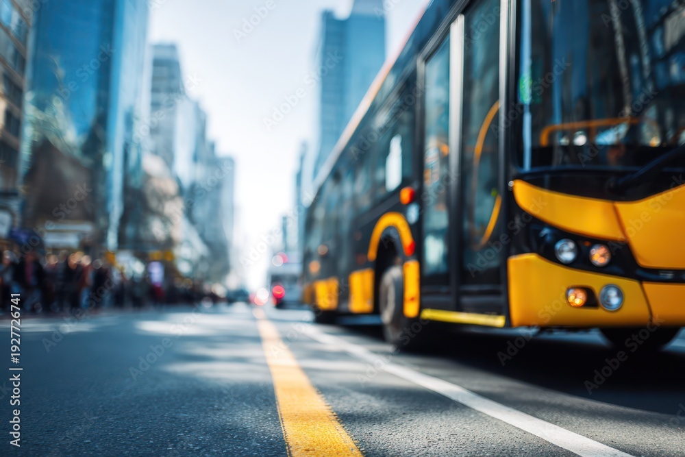 Fototapeta premium Transit bus moving through modern city street