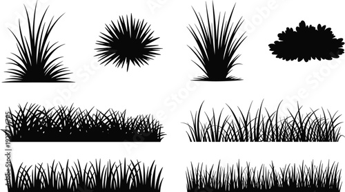 Grass and shrub silhouette set, black garden plants and lawn borders isolated for landscape design projects, flat vector illustration
