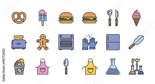 A colorful vector graphic illustration of various baking and cooking icons