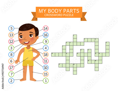 Educational illustration of a happy cartoon boy with labeled body parts and a crossword puzzle. “My Body Parts” worksheet designed for children to learn human body vocabulary in a fun and interactive 