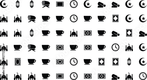 Ramadan lifestyle islamic icons collection featuring mosque, lantern, prayer mat, tea cup and crescent moon, black silhouette vector set isolated on white background