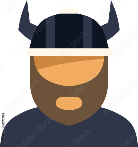 Viking man wearing a dark horned helmet and having a beard