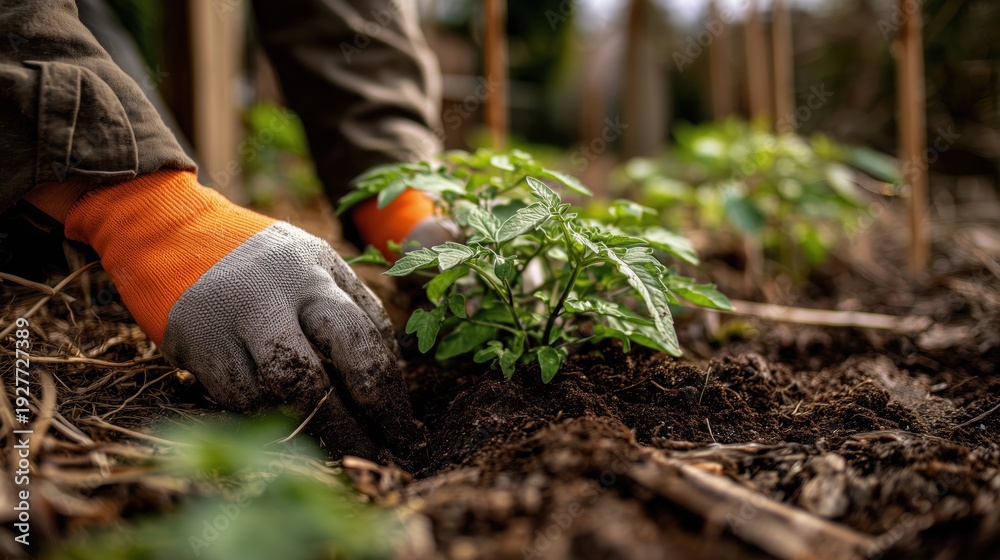 Fototapeta premium Gardening Hands at Work: Hands carefully tending to tender plants in a thriving garden, embodying the essence of nurturing growth and cultivating a vibrant landscape.