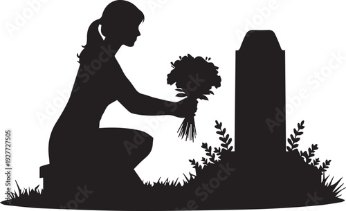 Grieving woman at tombstone silhouette vector illustration cemetery mourning with flowers