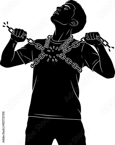 Strong Man Silhouette Breaking Chains Across Chest Symbolizing Freedom, Inner Strength, Overcoming Struggles and Mental Health Empowerment Concept