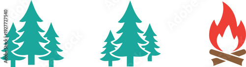 Vibrant camping icons with pine trees and campfire