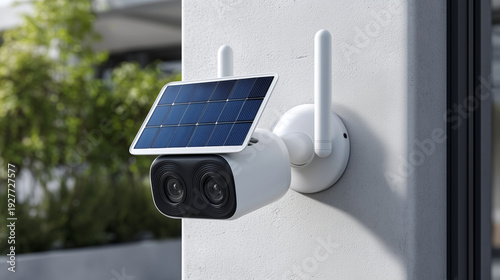 Modern solar powered CCTV security camera mounted on an outdoor building wall