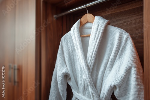Luxury hotel amenities white bathrobe in closet