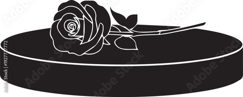 Rose flower on oval pedestal vector silhouette illustration, delicate bloom line art