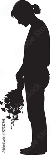 Sad woman holding bouquet silhouette vector illustration standing in grief and mourning