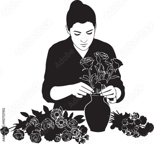 Woman arranging flowers in vase vector silhouette illustration, florist creating bouquet line art