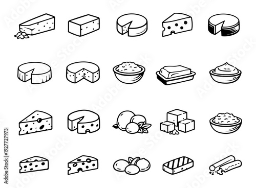 Cheese Variety Icons Set – Minimalist Black and White Line Art Dairy Types Collection