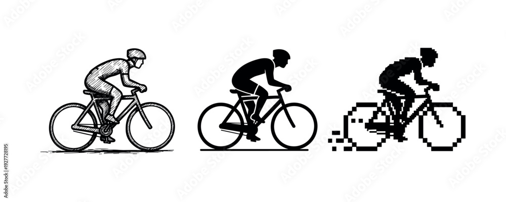 Fototapeta premium Evolution of bicycle imagery: sketch, silhouette, pixel art of cyclist