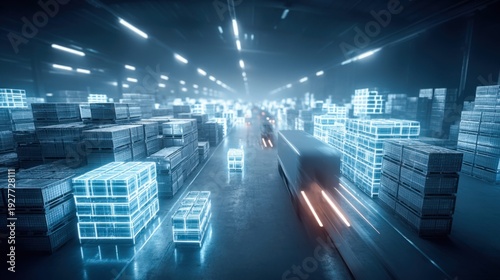 Futuristic warehouse interior with glowing digital inventory and moving trucks